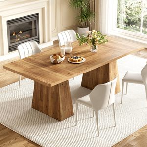 Table à manger rectangulaire moderne en bois avec pieds en tréteaux pour la maison, 6 places, style scandinave, design stable - Product Image 1