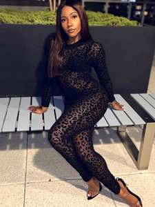 Combinaisons transparentes léopard pour femmes, moulantes, avec fermeture éclair au dos, col montant, noires, sexy, imprimé animal, coupe ajustée, tenue de club, fitness, tendance 2024 - Product Image 5