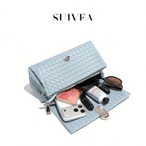 Bolso de Hombro Tejido de Moda para Mujer, de Cuero PU, con Correa Única, Cierre de Hebilla con Diseño de Diamantes, para Uso Diario, Color Azul Claro - Product Image 5