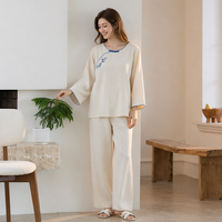 Nouvel ensemble chinois pour femme, printemps/été, en coton et lin, à manches longues, brodé chevrons, respirant, frais et confortable