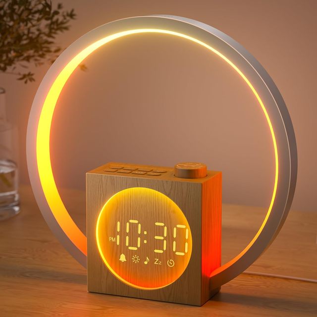 Portable USB RGB Wake-up Light Alarm Clock Speaker White Noise Wood-Grain Finish Bedroom Office Digital Electronic Radio Plastic