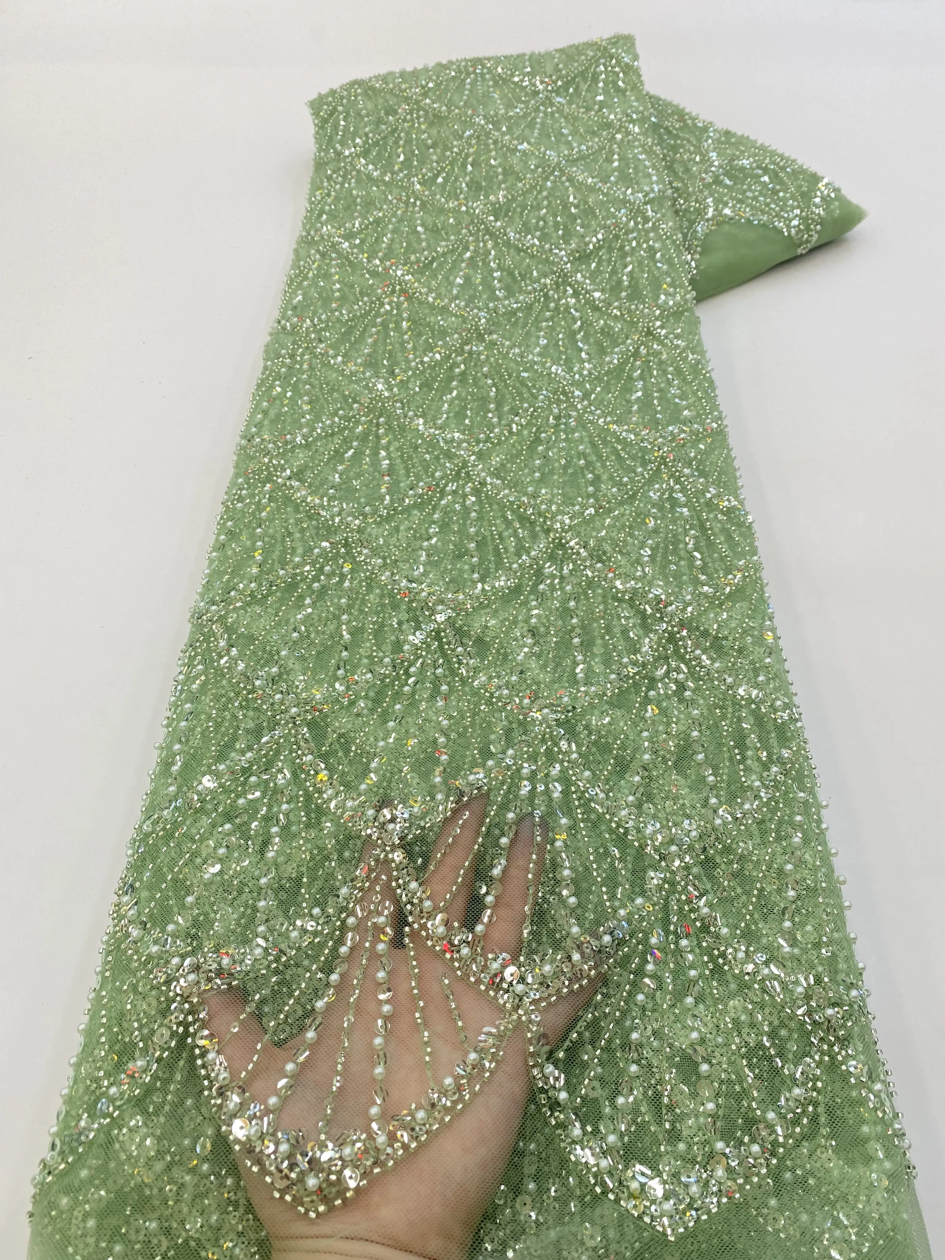 NI.AI Perlen-Seidenstoff Luxus-Seidenstoffe Paillettenstoff für Damen Hochzeitskleid Brauttummel Pailletten Spitze mit Perlen