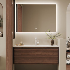 Intelligent heat-bent integrated basin <b>walnut</b> bathroom cabinet storage bathroom wash basin - Product Image 4