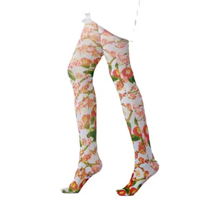 Meia-calça jacquard colorida personalizada, de tricô, floral, para crianças, mulheres, de algodão, para moças