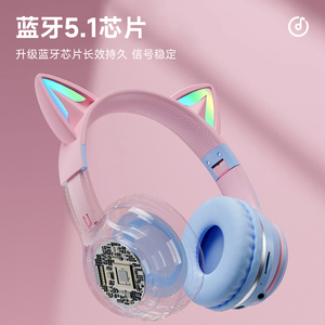 หูฟังไร้สายรูปหูแมว BT 5.1 ไฟ RGB สำหรับเล่นเกมส์ แบบครอบหู สำหรับผู้หญิง - Product Image 1