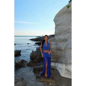 Costume jupe en satin bleu marine avec décoration boutonnée - Product Image 6