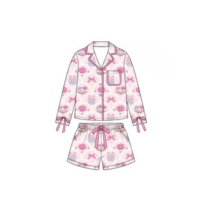 Pyjamas de Pâques personnalisés pour enfants, imprimé lapin et œuf mignon sur toute la surface, haut à manches longues boutonné, short à taille élastique - Product Image 6