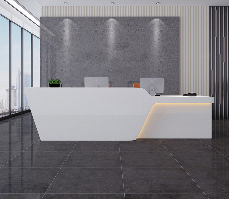 OEM Blanc Droite en forme de bureau meubles hôtel restaurant caissier led comptoir de réception réception