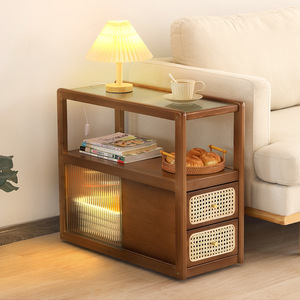 Meuble d'appoint de canapé en bois massif avec plateau en verre et étagères de rangement avec tiroirs, mobilier de salon - Product Image 1