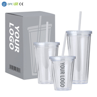 Gobelets en plastique transparent à double paroi, réutilisables, anti-fuite, sans BPA, avec couvercle et paille, personnalisables avec logo, 12oz 16oz 22oz, pour cadeau