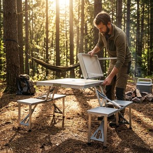<span class=keywords><strong>Set</strong></span> Moderno di Tavolo e Panche Pieghevoli in Alluminio per 4 Persone, Arredamento Portatile per Campeggio e Picnic all'Aperto - Product Image 2