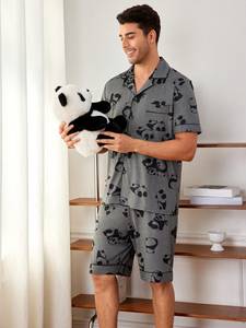 Set <span class=keywords><strong>Pigiama</strong></span> Estivo per Adulti 2 Pezzi Casual Morbido Stile Americano con Stampa <span class=keywords><strong>Panda</strong></span> Manica Corta - Product Image 4