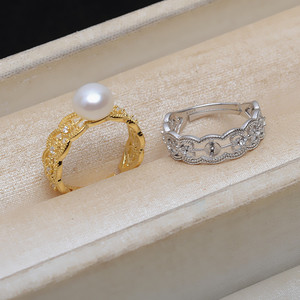 Bague ouverte en argent S925, style palais en dentelle, réglable, taille de doigt 7-10, style tendance avec incrustation de perles JG5169, accessoires, support vide - Product Image 1