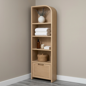 Modern <b>Teak</b> Wood Bathroom Storage Cabinet with Louvered Door and Open <b>Shelves</b> - Product Image 1