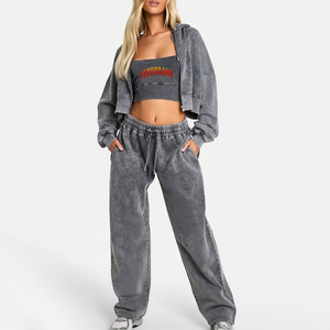 2025 recién llegado ropa informal Crop Top 3 piezas chándal 100% algodón peso pesado personalizado impreso Logo Zip Up chándal para mujeres - Product Image 1