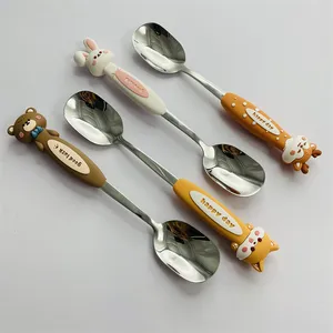 搞笑卡通儿童勺子套装儿童硅餐饮金属勺子儿童餐具316ss不锈钢餐具