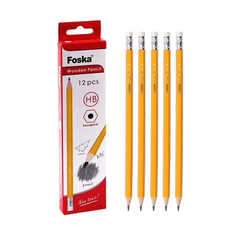 Foska crayons en bois en gros 7 ''pré-aiguisé bois de peuplier naturel HB ensemble de crayons hexagonaux avec gomme en vrac