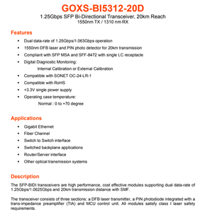 Module émetteur-récepteur optique GOXS BI5312 20D 1.25G SFP BiDi 1550TX 1310RX 20KM Fibre monomode DDM Connecteur LC - Product Image 5