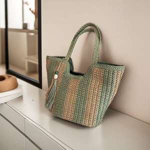 Sac fourre-tout tissé deux tons fait à la main avec poignée supérieure grande capacité de glands - Product Image 1