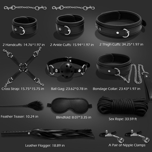 Kit de bondage BDSM SM 11 pièces : Menottes, attaches de cheville, collier, fouet, corde, pinces à tétons, paddle, jouets anaux, boule - Product Image 2