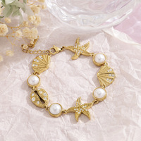 Bracelet en acier inoxydable plaqué or 18 carats avec étoile de mer, coquillage et perle pour femme, breloque CZ thème océan et plage, vente en gros OEM