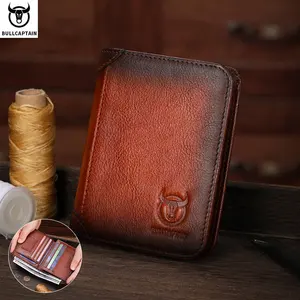 BULLCAPTAIN Genuine Leather RFID Protection Wallets for Men Vintage Thin Short Multi Function ID Credit Card Holder Money Bag