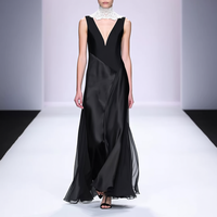 Robe longue de soirée formelle noire sans manches, col en V profond, drapée, à panneaux asymétriques, coupe trapèze fluide, sur mesure, vente en gros pour femmes