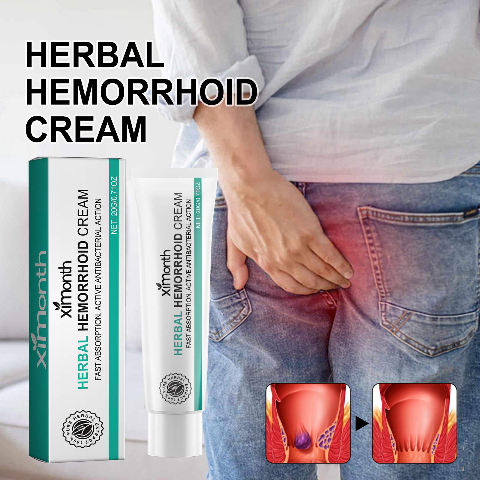 Herbal Hemorrhoid Cream Itching Burning Pain Bleeding Constipate Relieving Ointment for Hemorrhoids 20g