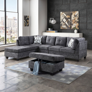 Elegante sofá seccional reversible en forma de L, tapizado en lino gris moderno, con chaise longue de madera de alta gama. - Product Image 3