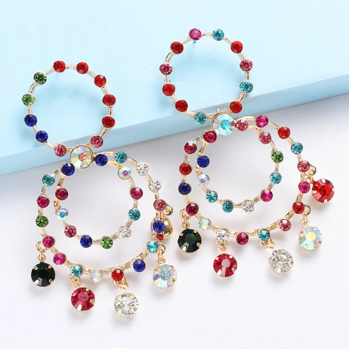 Newest Design 2023 Geometric Alloy Earrings Statement Jewelry Colorful Crystal Rhinestone Earrings For Women