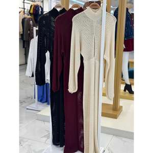 Vestido de punto calado Sobe con cuello alto, ajuste holgado, color crudo, transpirable, para uso diario informal - Product Image 2