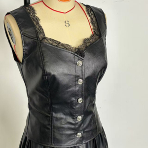 Channel Trendy 2026 Débardeur en similicuir PU pour femme, à bordure en dentelle, boutonné, sans manches, pour soirée - Product Image 6