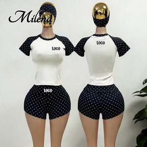 Custom logo Polka Dot Two Piece <strong>Set</strong> Y2k Women Clothing Cotton Short Sleeve t Shirt with Fold Over Shorts Women's Loungewear <strong>Set</strong> - Product Image 5