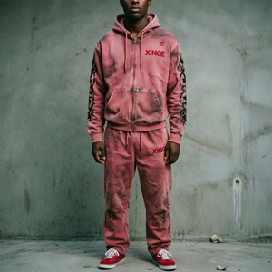 Ensemble de sweats à capuche personnalisés avec logo sérigraphié, en molleton 100 % coton, délavé à l'acide, effet vieilli, avec strass, pour homme, style streetwear - Product Image 1