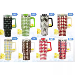 Nouvelle Tasse de Voyage Isotherme en Acier Inoxydable à Motif à Carreaux, Grande Capacité 40 oz, avec Poignée et Paille, Motif Floral - Product Image 6
