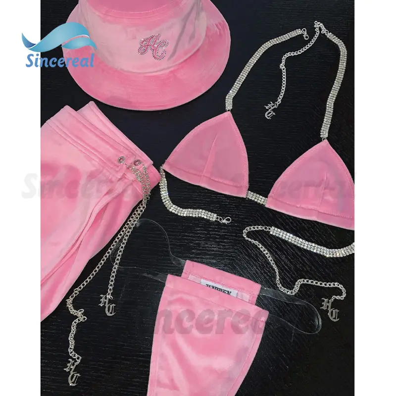 Logo personnalisé été velours sans couture sexy vacances velours plage taille haute 2 pièces ensemble bikini maillots de bain pour femmes