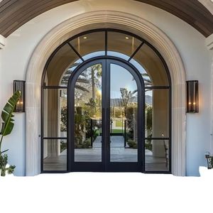 باب فرنسي زجاجي من الألمنيوم بتصميم قوسي عصري، باب خارجي تجاري لغرف النوم والردهات، عازل للحرارة، أسود، بمفصلات مقوسة، أبواب مزدوجة - Product Image 1
