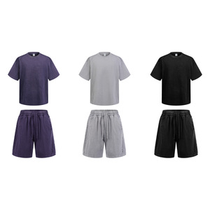 Men Pure Cotton Snow Wash Vintage Raw Edge <b>Patchwork</b> 2Pcs Set Breathable Soft Casual Short Sleeve T <b>Shirt</b> Shorts Outfit OEM - Product Image 3