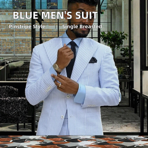 男士新款蓝色单排扣细条纹工作套装两件套西装长裤拉链飞平头婚礼舞会礼服 - Product Image 2
