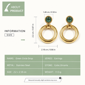 Boucles d'oreilles pendantes circulaires en zircone cubique verte pour femmes, boucles d'oreilles imposantes en acier inoxydable avec placage sous vide en or 14 carats - Product Image 3