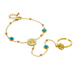 Tree Of Life Gold Plated Stainless Steel <b>Bracelet</b> With Turquoise Stones Open Ring <b>Set</b> For Women Gift Jewelry - Product Image 5