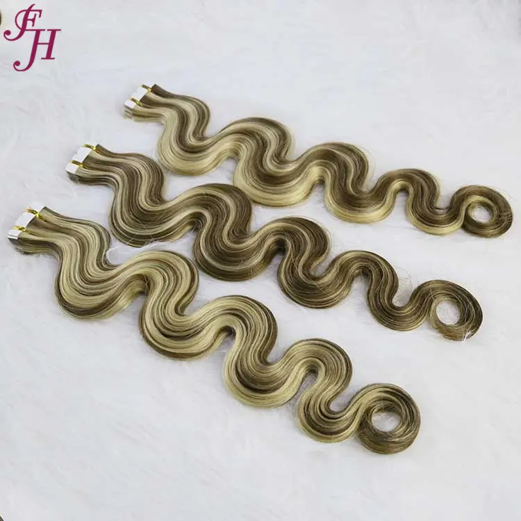FH wholesale body wave invisible yaki russian tapes ins raw hair 100% remy raw human hair adhesive curly tape in hair extensions