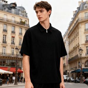 High Street Trendy Brand 100% Cotton <b>Waffle</b> Collar Cardigan Zipper Short Sleeved for Polo <b>Shirt</b> Front Logo Breathable 260g Terry - Product Image 2
