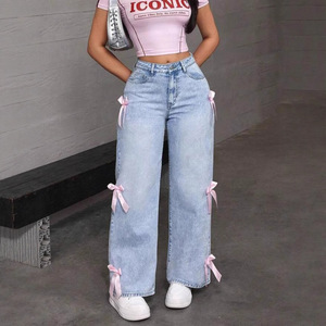 <span class=keywords><strong>Jeans</strong></span> autunnali retrò con fiocco stile Spice Girl, lavaggio effetto invecchiato, vestibilità ampia e gamba larga, casual. - Product Image 1