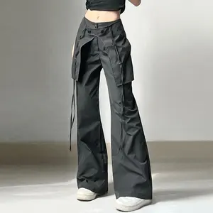 Pantalon cargo droit pour femme Harajuku Hip Hop Techwear Pantalon gothique Pantalon patchwork à lacets