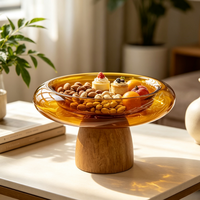 Mangkuk Buah Kaca Amber dengan Alas Kayu, Mangkuk Sajian Kaca Dekoratif Tiup Manual untuk Camilan, Kacang, Makanan Penutup, Dekorasi Meja Rumah