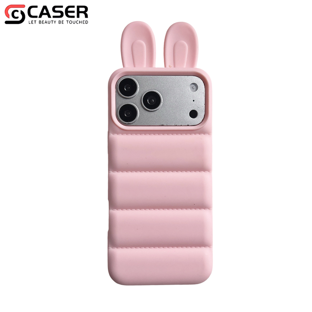 Sweet Style Cartoon 3D Rabbit Ear Design Puffer Texture Skin Feeling Shockproof Anti-drop Phonecover for iPhone 17/16/15