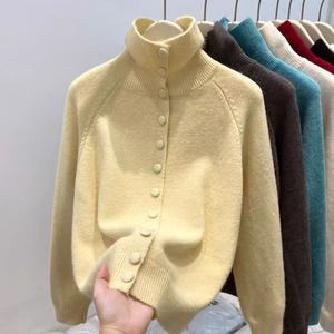 Pull en maille épais à col montant pour femme, coupe ample, boutonné sur le devant, couche intérieure d'hiver, anti-boulochage, couche de base - Product Image 1
