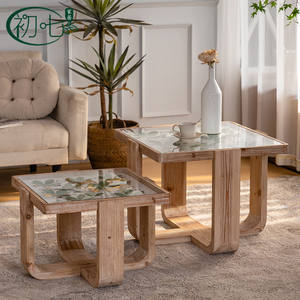 <b>Solid</b> <b>Wood</b> Coffee <b>Table</b> Glass <b>Top</b> Distressed Finish Small Apartment Living Room Side <b>Table</b> H2487 - Product Image 5