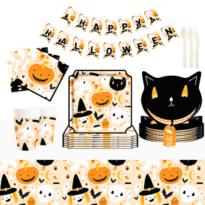 DAMAI Factory Wholesale Disposable Halloween Black Cat-head Pumpkin Paper Plate Set - Product Image 1